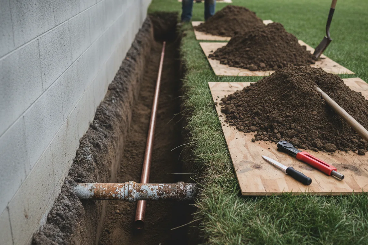 Excavated water line trench during Water Heater Repair in Alexis